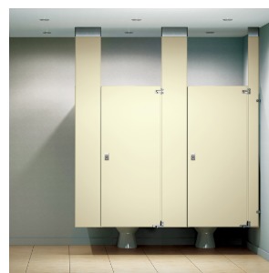 Ceiling hung toilet partitions suspended from structural ceiling